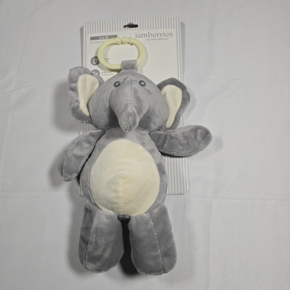 Jamberries Gray Elephant Plush Rattle Baby Toy Stroller Clip On 10 Inch 0-6M NWT